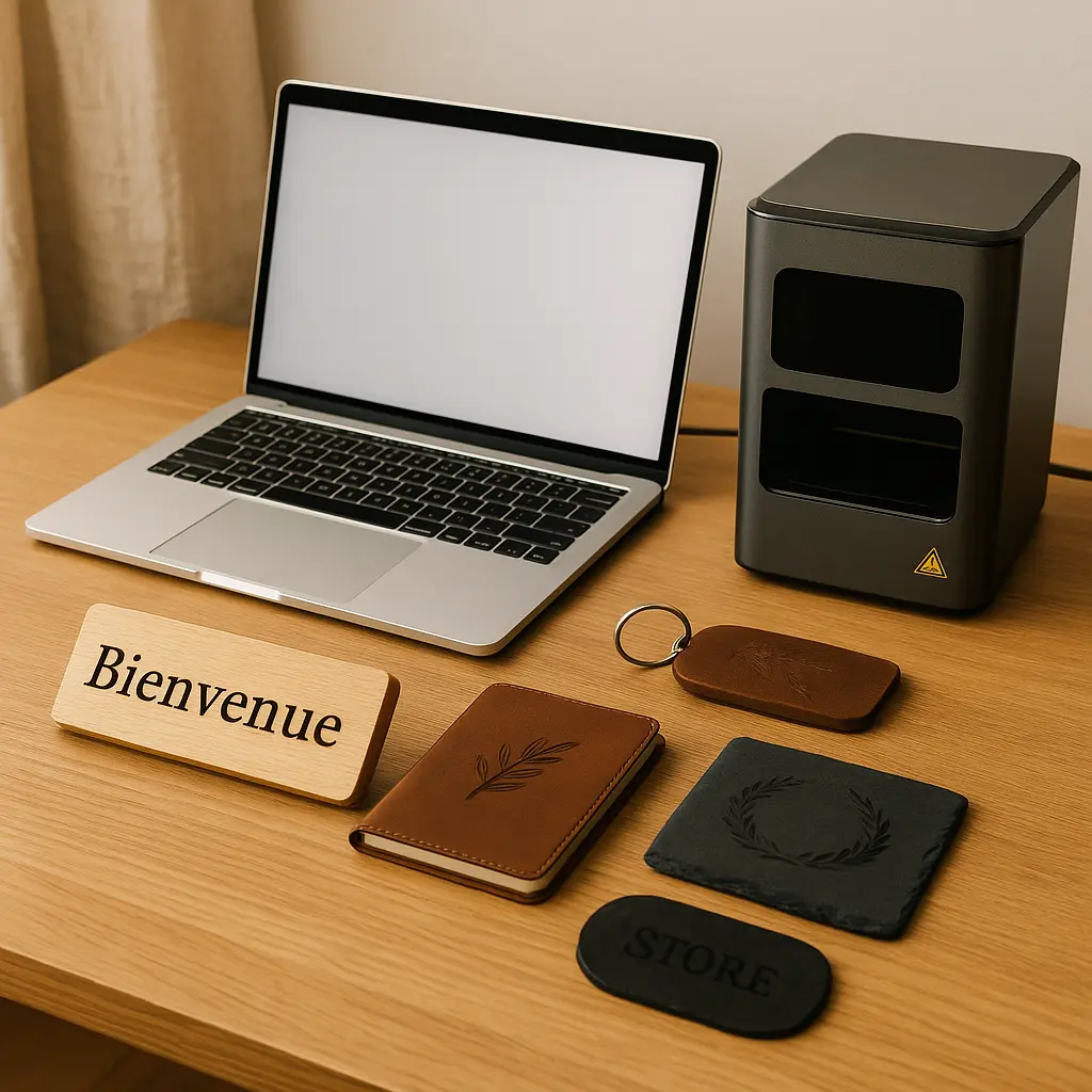 Poste de travail pour démarrer une activité de gravure laser, avec un ordinateur portable, une machine de gravure laser et des objets personnalisés en bois, cuir et ardoise, dont une plaque "Bienvenue" et un porte-clés gravé.