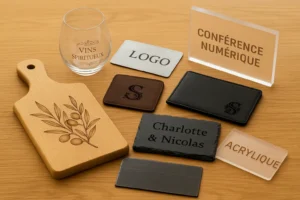 Exemples d’objets personnalisés gravés au laser sur différents matériaux : verre avec l’inscription "Vins spiritueux", planche en bois gravée d’une branche d’olivier, plaques en métal, cuir, ardoise et acrylique avec des textes ou logos personnalisés.
