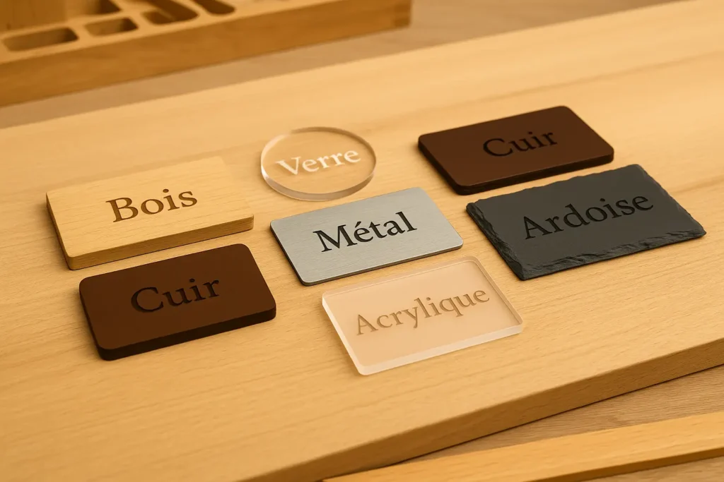 Échantillons de matériaux gravés avec les mots "Bois", "Verre", "Cuir", "Métal", "Ardoise" et "Acrylique", disposés sur une surface en bois clair dans un atelier ou un espace de présentation.