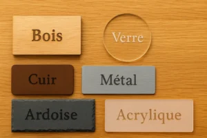 Échantillons de matériaux gravés avec les mots "Bois", "Verre", "Cuir", "Métal", "Ardoise" et "Acrylique", présentés sur une surface en bois clair.