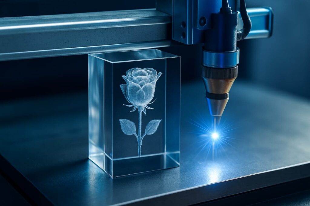 Machine de gravure laser 3D gravant un motif dans un bloc de verre transparent, faisceau bleu lumineux et ambiance technologique moderne.
