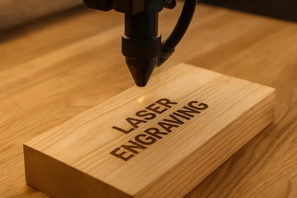 Gros plan sur une machine de gravure laser réalisant une inscription sur une plaque en bois, dans un atelier chaleureux au ton naturel.