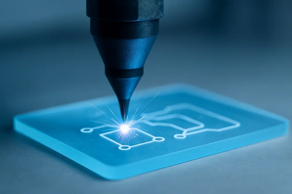 Gravure laser plastique en action avec un laser sur une pièce