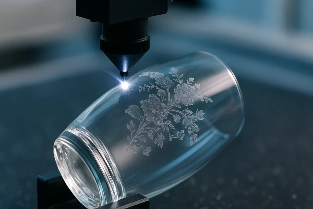 Gravure laser sur verre avec motifs délicats et machine en action
