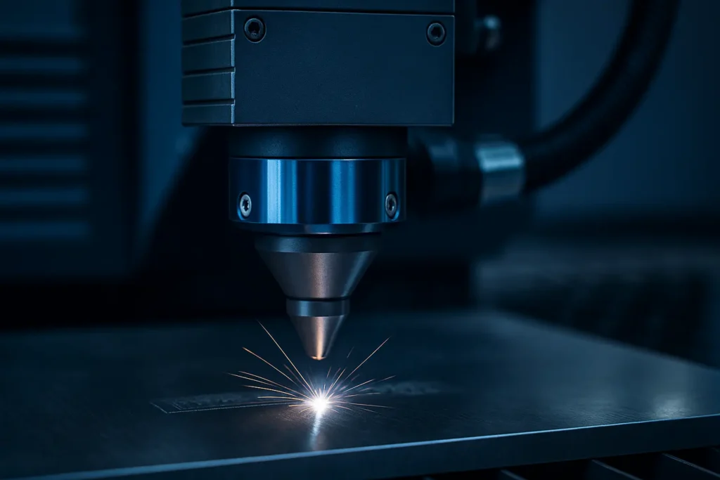 Machine de gravure laser à fibre en action sur une plaque métallique, avec faisceau bleu et étincelles, illustrant la précision et la modernité de la technologie.