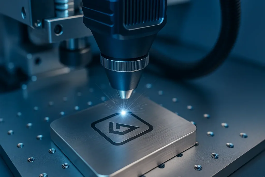 Machine de marquage laser gravant un logo sur une pièce métallique avec un faisceau lumineux bleu, dans une ambiance technologique moderne.