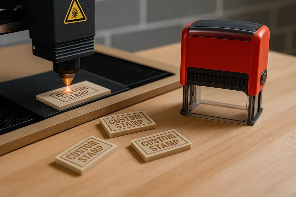 Machine de gravure laser en train de créer un tampon en caoutchouc personnalisé, avec un tampon Trodat en plastique posé sur la table