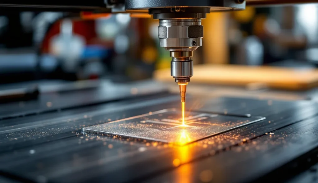 Machine de gravure laser industrielle marquant une pièce métallique avec précision