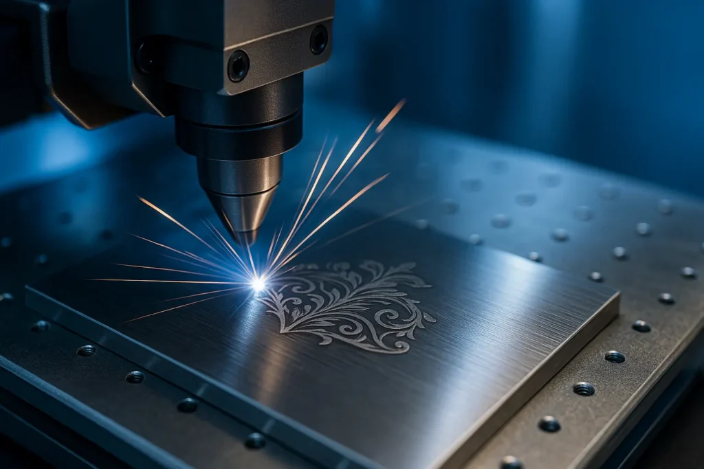 Gravure laser inox en cours sur une plaque d'acier inoxydable avec un laser à fibre.