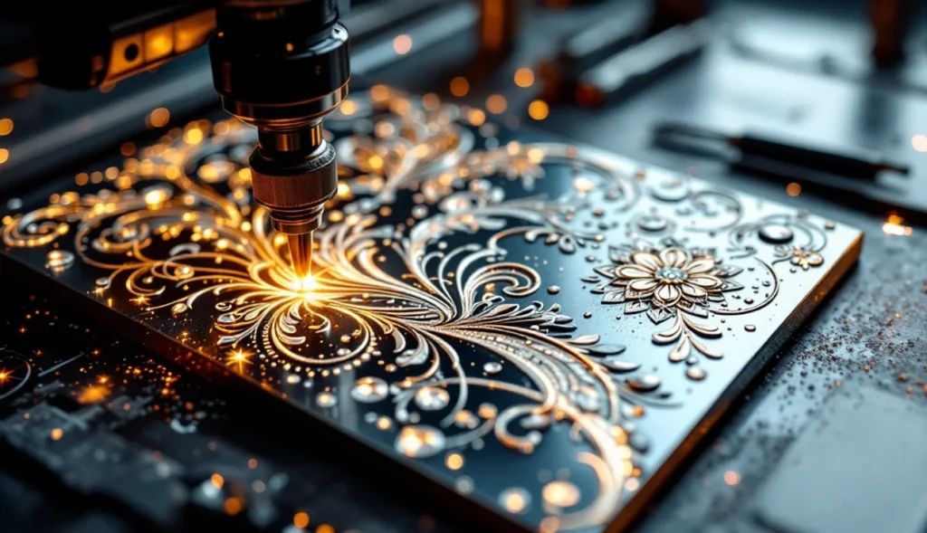 Gravure laser sur laiton avec motifs détaillés et outils de gravure