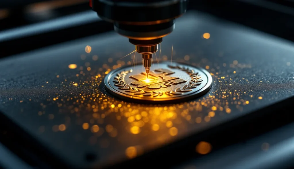 Gravure laser sur médaille en métal avec faisceau lumineux