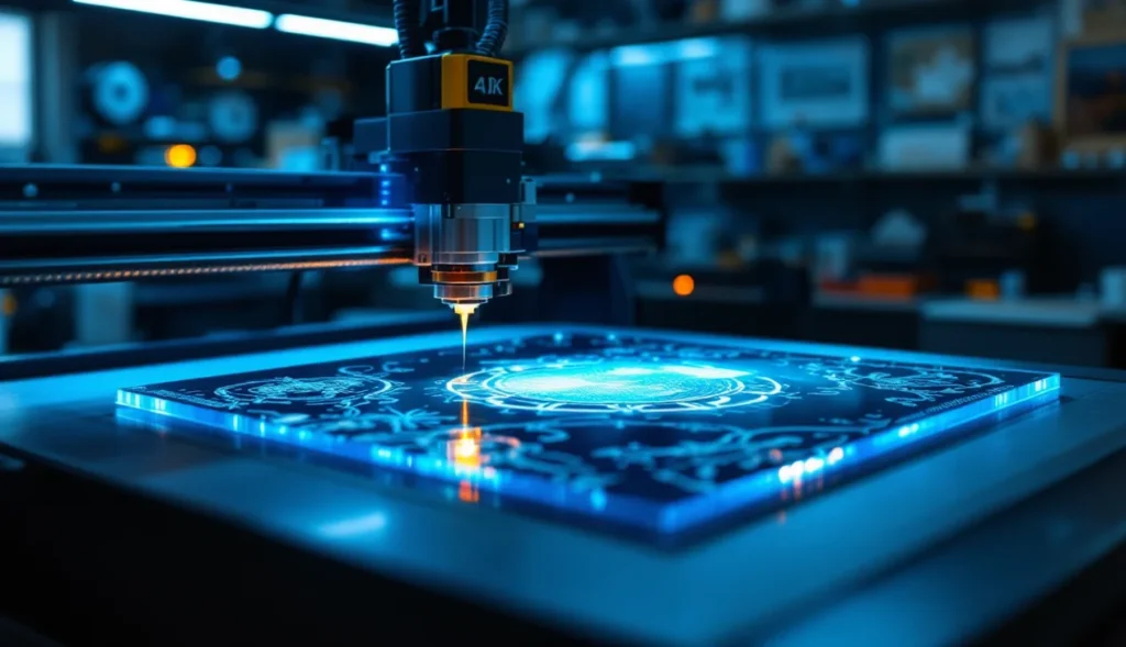 Gravure laser sur plexiglas en cours avec machine moderne