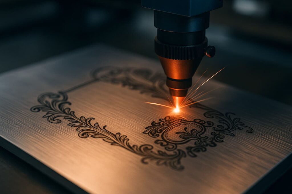 Machine de gravure laser en action sur une plaque en aluminium, faisceau rouge vif créant des motifs précis sur le métal brillant dans une ambiance technologique moderne.