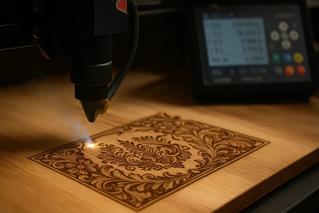 Machine de gravure laser réalisant un motif détaillé sur une plaque de bois, avec un écran de contrôle avec paramètre de gravure visible et une lumière douce valorisant la texture du matériau.