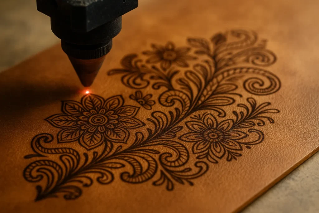 Machine de gravure laser gravant un motif floral détaillé sur du cuir marron, lumière douce mettant en valeur la précision et la texture du matériau.