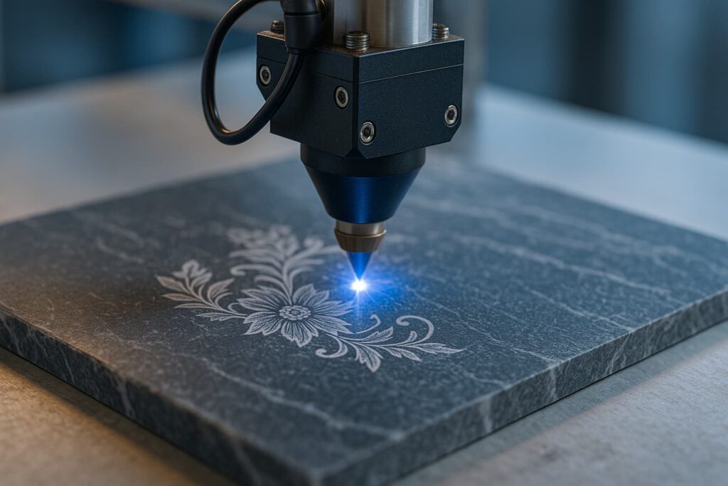 Machine de gravure laser en action sur une plaque de marbre, faisceau bleu créant des motifs délicats sur la pierre grise dans une ambiance technique et artistique.