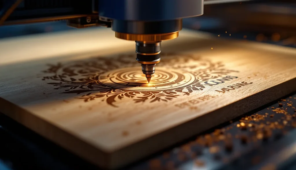 Machine de gravure laser en action sur bois et métal, illustrant la puissance laser