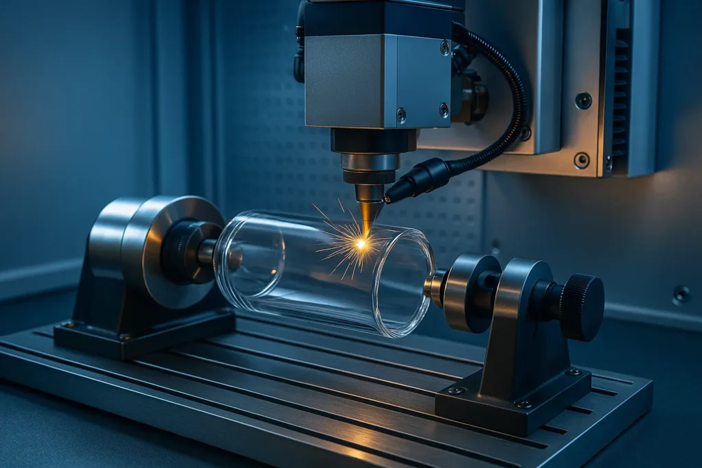 Machine de gravure laser rotative gravant un verre sur un axe cylindrique, avec le laser en fonctionnement et l’objet en rotation
