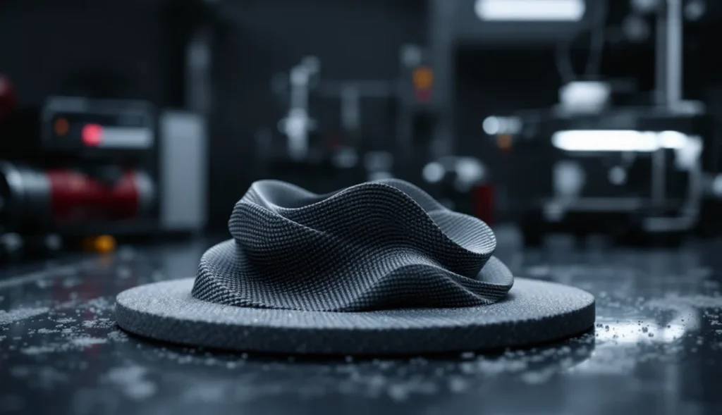 Pièce technique imprimée en 3D en fibre de carbone, démontrant légèreté et résistance.