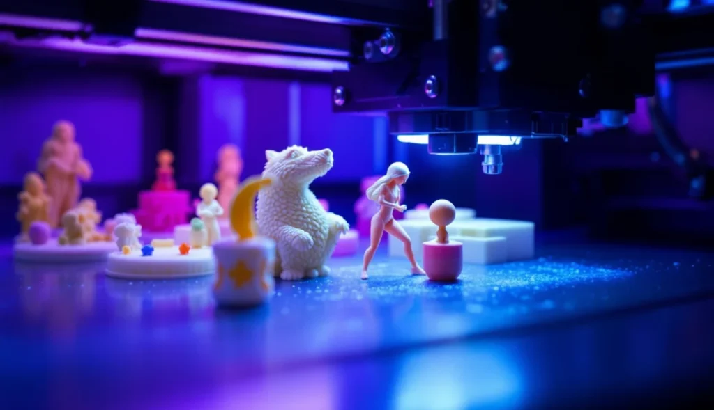 Impression 3D résine en cours avec détails précis d'objets