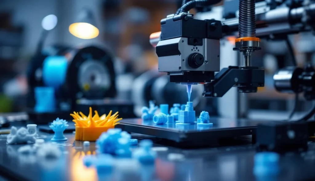 Impression 3D silicone en cours avec des pièces terminées sur la table