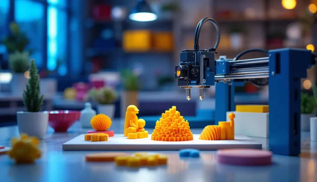 Imprimante 3D débutant en action avec pièces imprimées