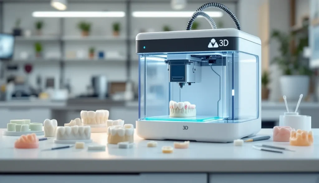 Imprimante 3D dentaire en action avec pièces dentaires en impression
