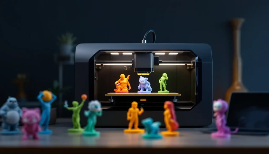 Imprimante 3D figurine en action avec figurines colorées