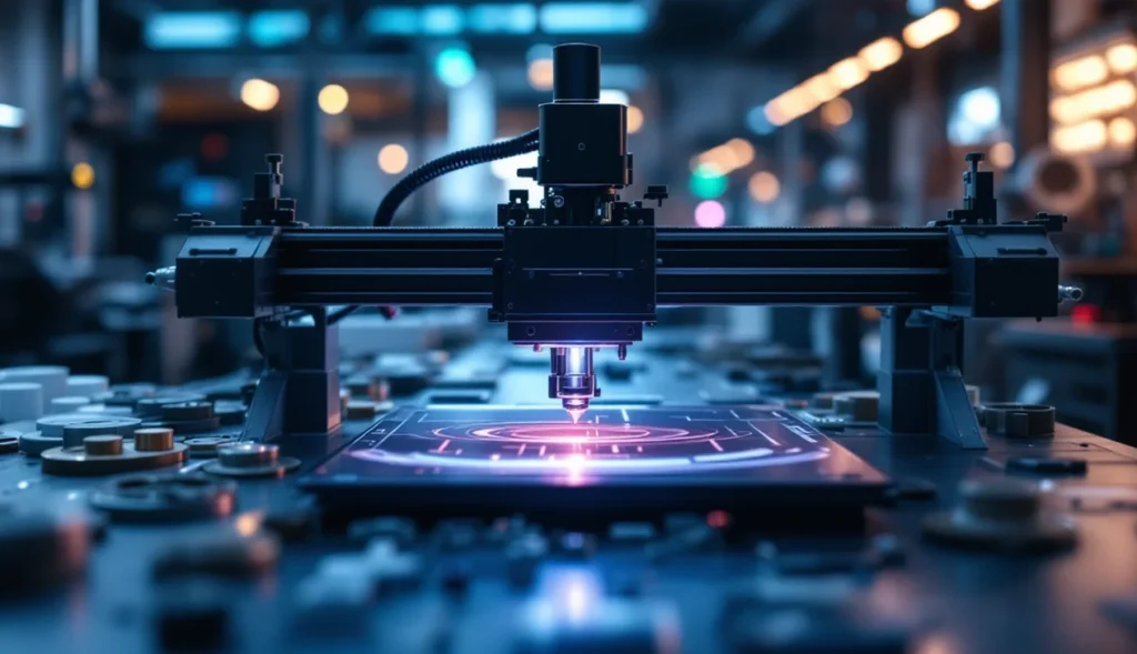 Imprimante 3D industrielle en fonctionnement avec pièces visibles