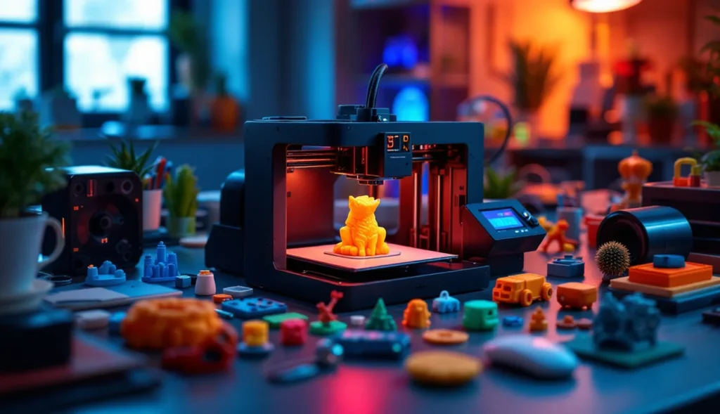 Imprimante 3D en action avec divers objets imprimés, illustrant les possibilités de création.