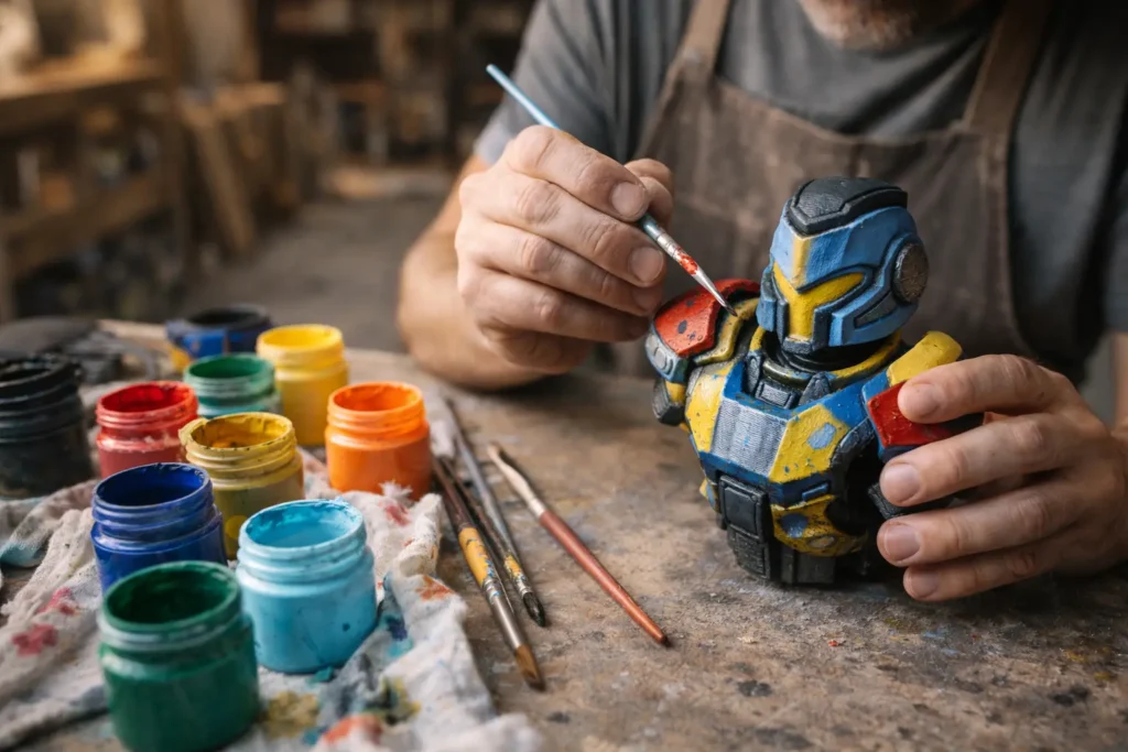Artisan en train de peindre une impression 3D à la main avec des pinceaux et des pots de peinture colorés