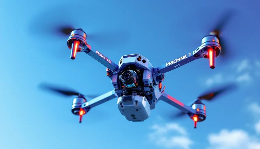 Drone imprimé en 3D en vol, illustrant les techniques de fabrication additive.