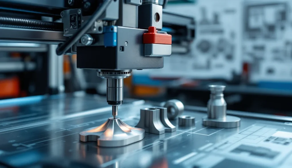 Imprimante 3D acier en fonctionnement avec pièces métalliques