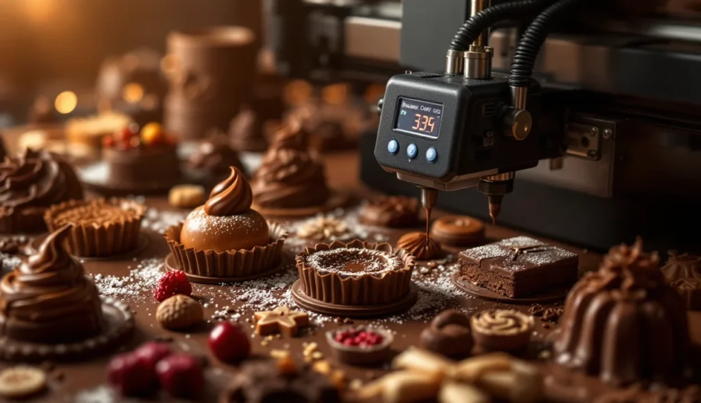 Imprimante 3D chocolat en action créant des décorations gourmandes